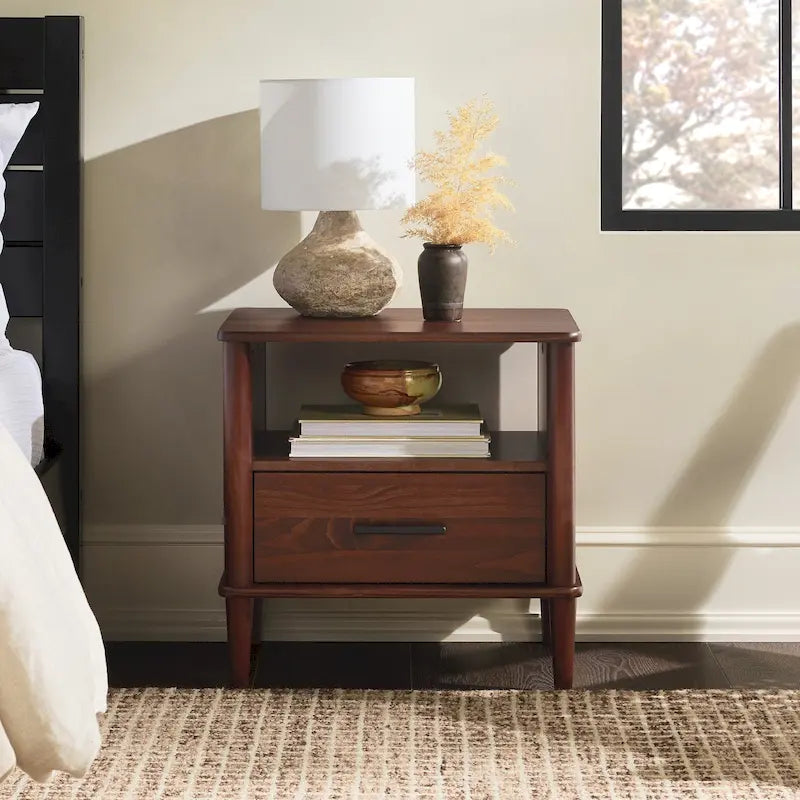 Mid-Century Modern Solid Pine Spindle Nightstand with Drawer and Open Cubby