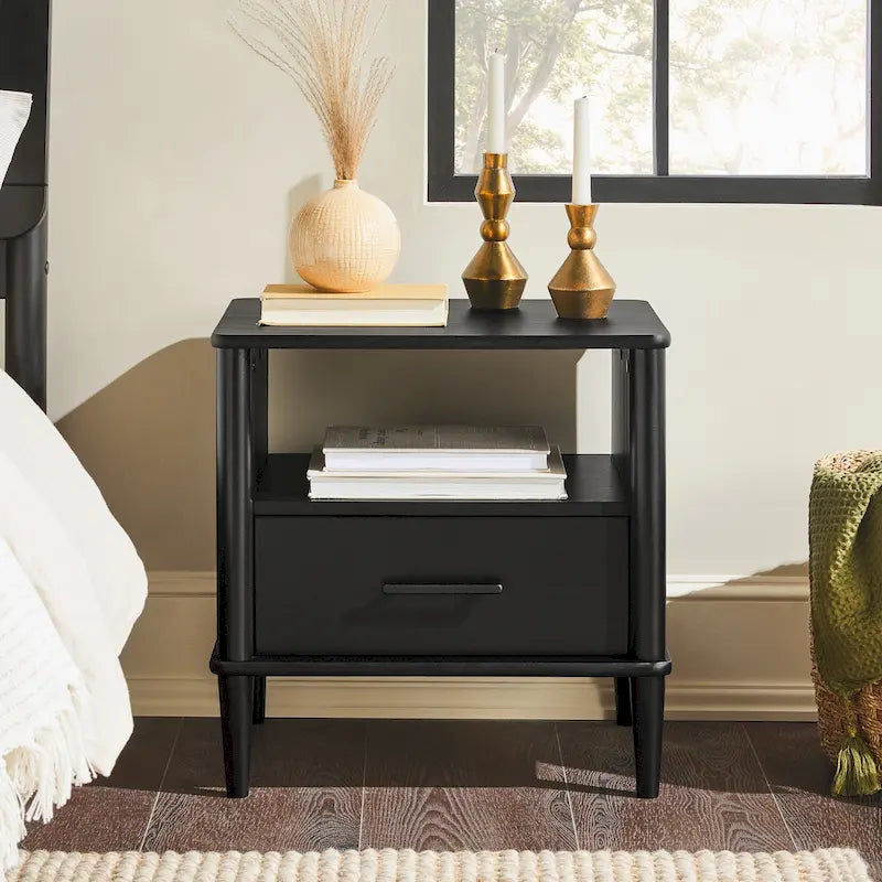 Mid-Century Modern Solid Pine Spindle Nightstand with Drawer and Open Cubby