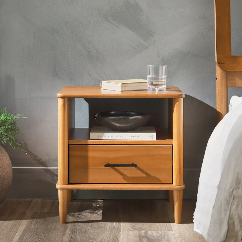 Mid-Century Modern Solid Pine Spindle Nightstand with Drawer and Open Cubby
