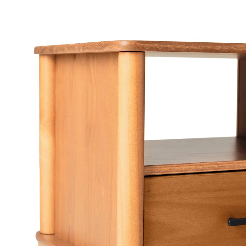 Mid-Century Modern Solid Pine Spindle Nightstand with Drawer and Open Cubby
