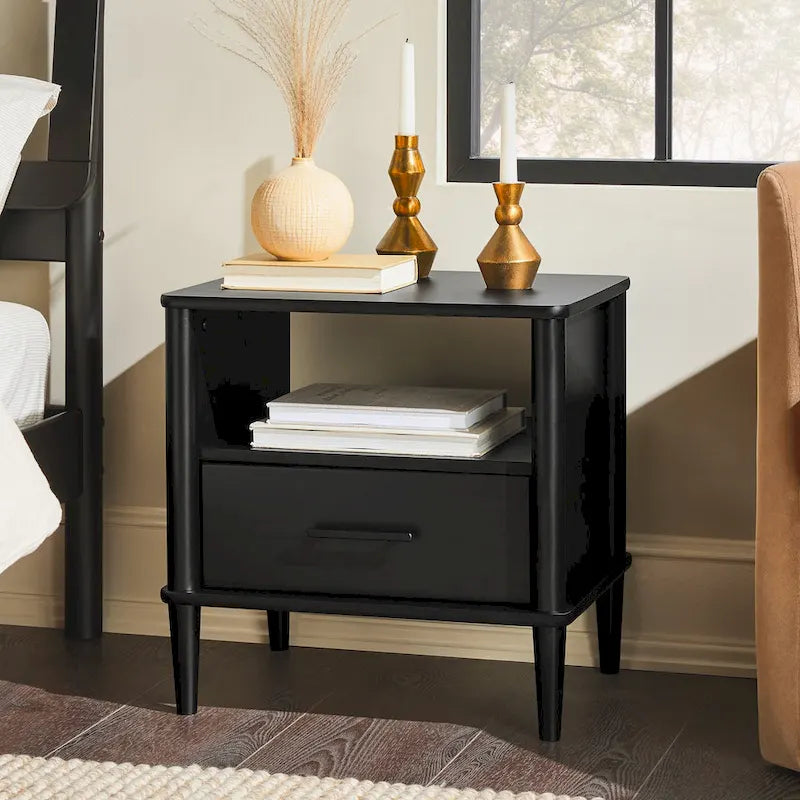 Mid-Century Modern Solid Pine Spindle Nightstand with Drawer and Open Cubby