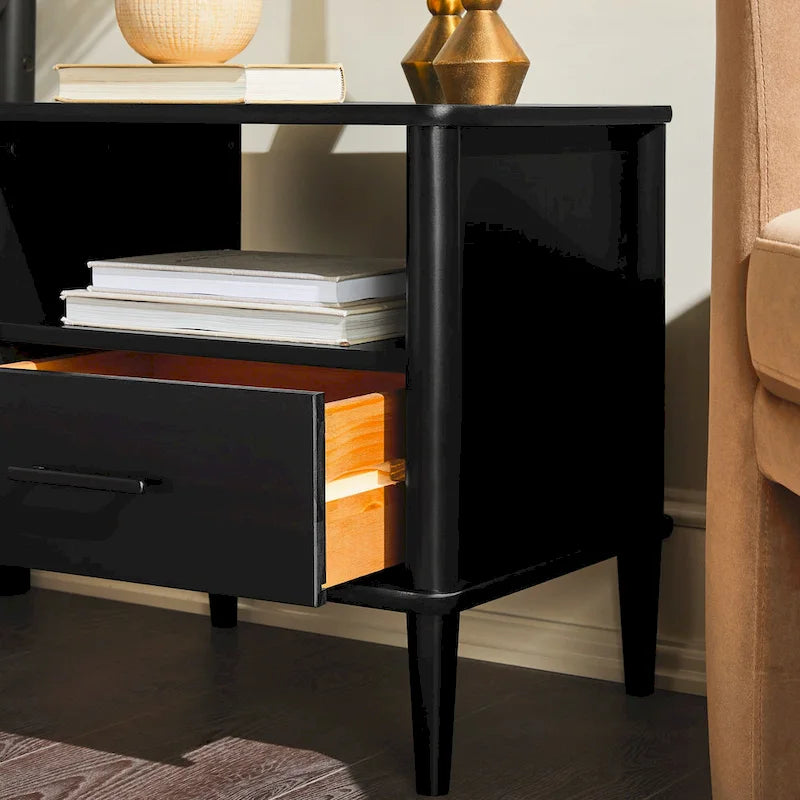 Mid-Century Modern Solid Pine Spindle Nightstand with Drawer and Open Cubby