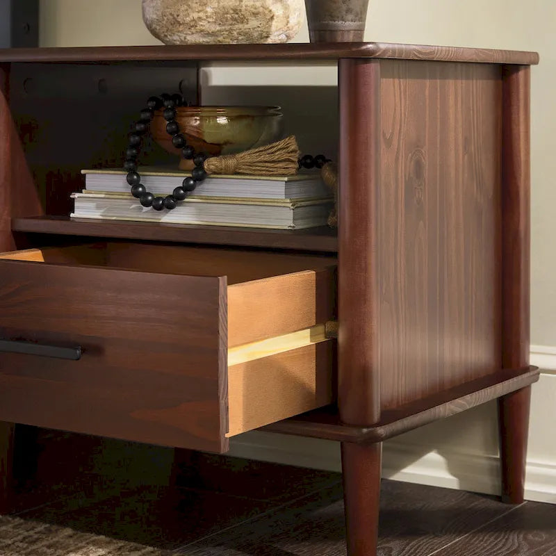 Mid-Century Modern Solid Pine Spindle Nightstand with Drawer and Open Cubby