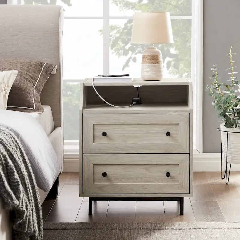 Modern 2-Drawer Nightstand with USB Charging Port and Metal Legs
