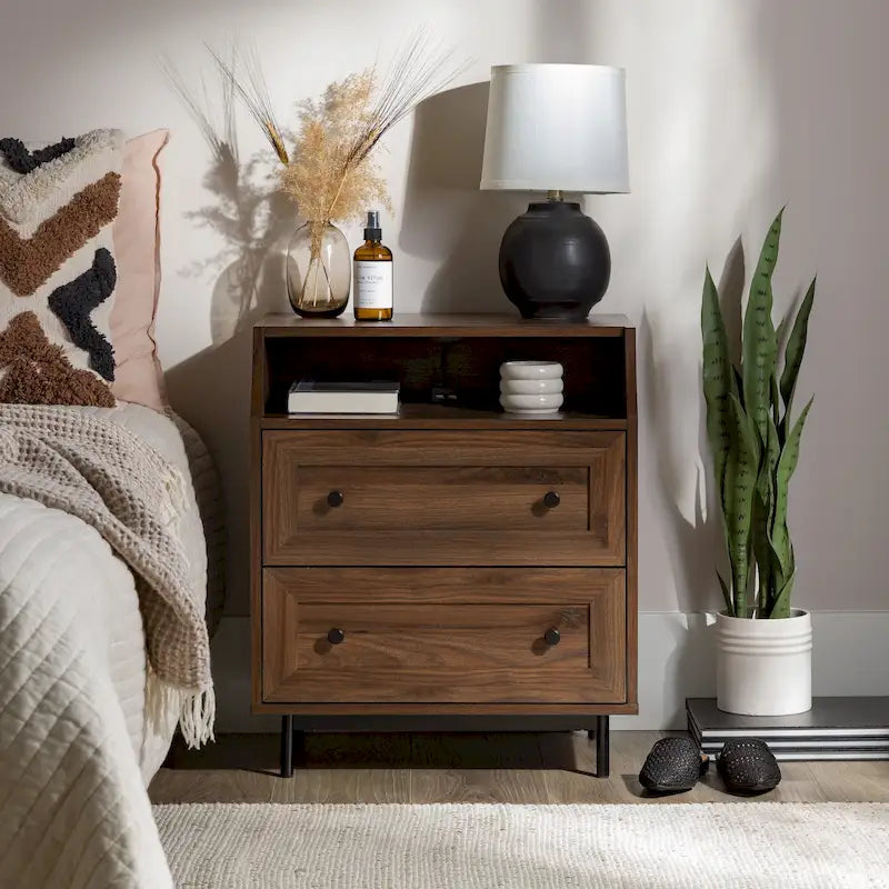 Modern 2-Drawer Nightstand with USB Charging Port and Metal Legs