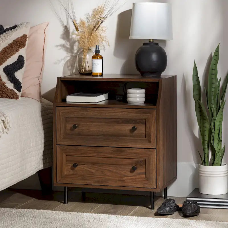 Modern 2-Drawer Nightstand with USB Charging Port and Metal Legs