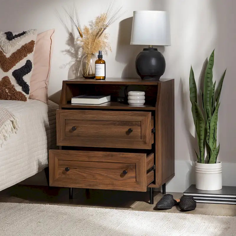 Modern 2-Drawer Nightstand with USB Charging Port and Metal Legs