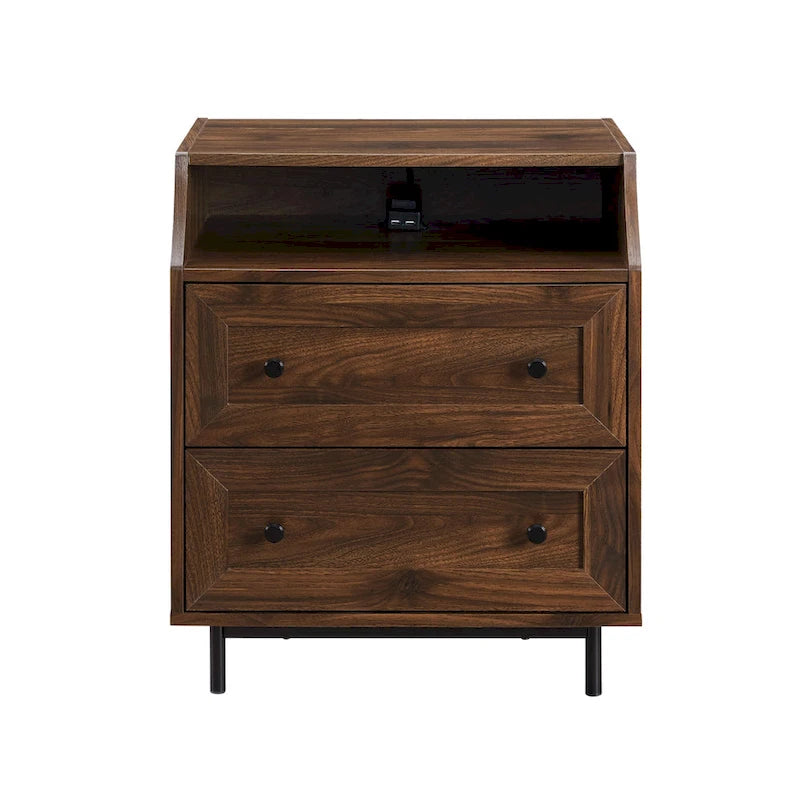 Modern 2-Drawer Nightstand with USB Charging Port and Metal Legs