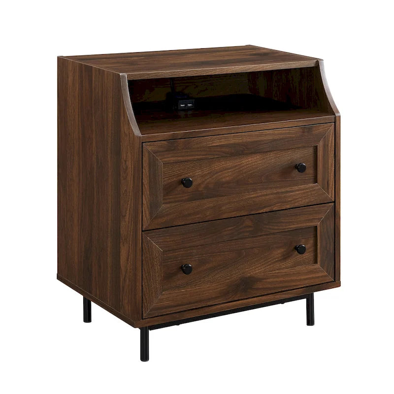 Modern 2-Drawer Nightstand with USB Charging Port and Metal Legs