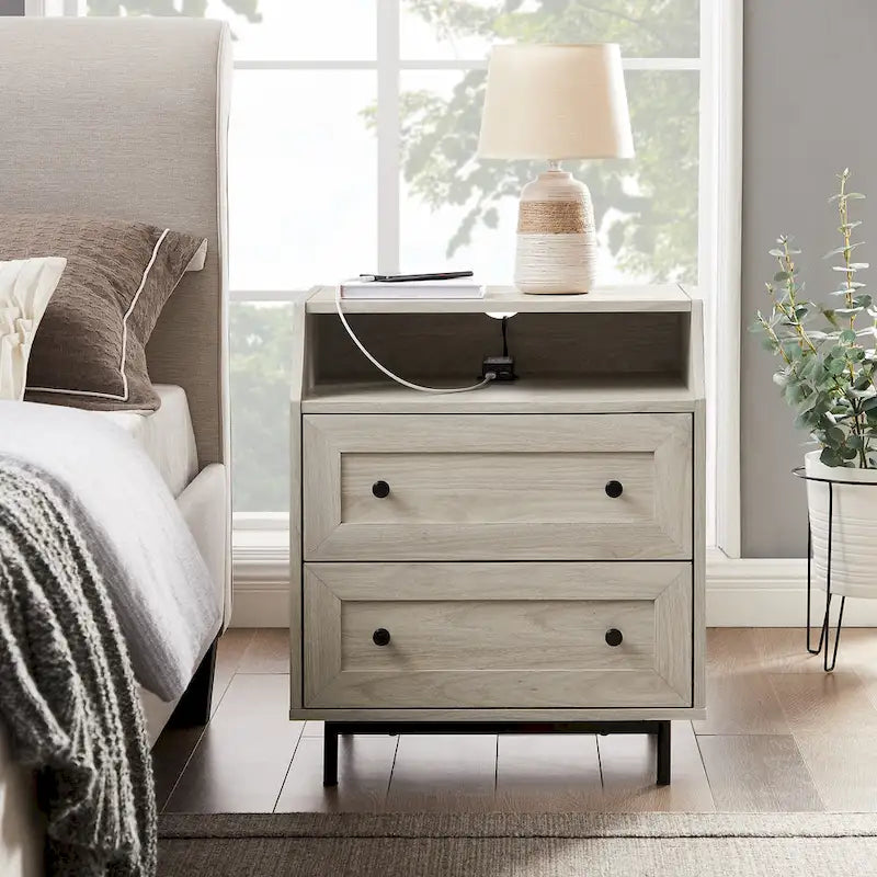 Modern 2-Drawer Nightstand with USB Charging Port and Metal Legs