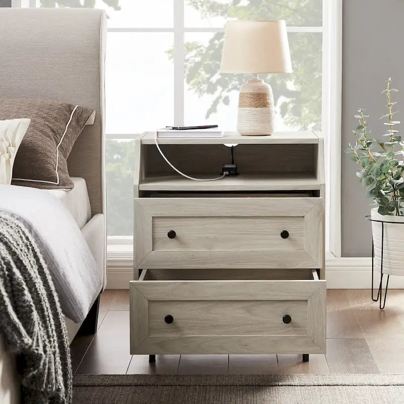 Modern 2-Drawer Nightstand with USB Charging Port and Metal Legs
