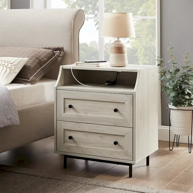 Modern 2-Drawer Nightstand with USB Charging Port and Metal Legs