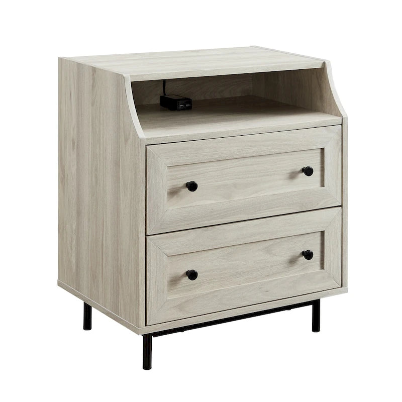 Modern 2-Drawer Nightstand with USB Charging Port and Metal Legs
