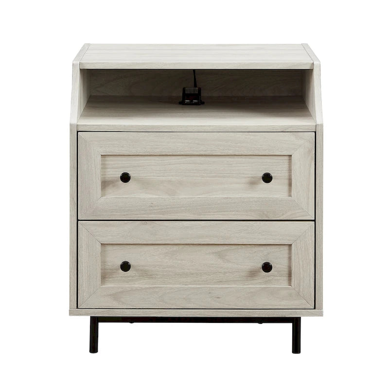 Modern 2-Drawer Nightstand with USB Charging Port and Metal Legs