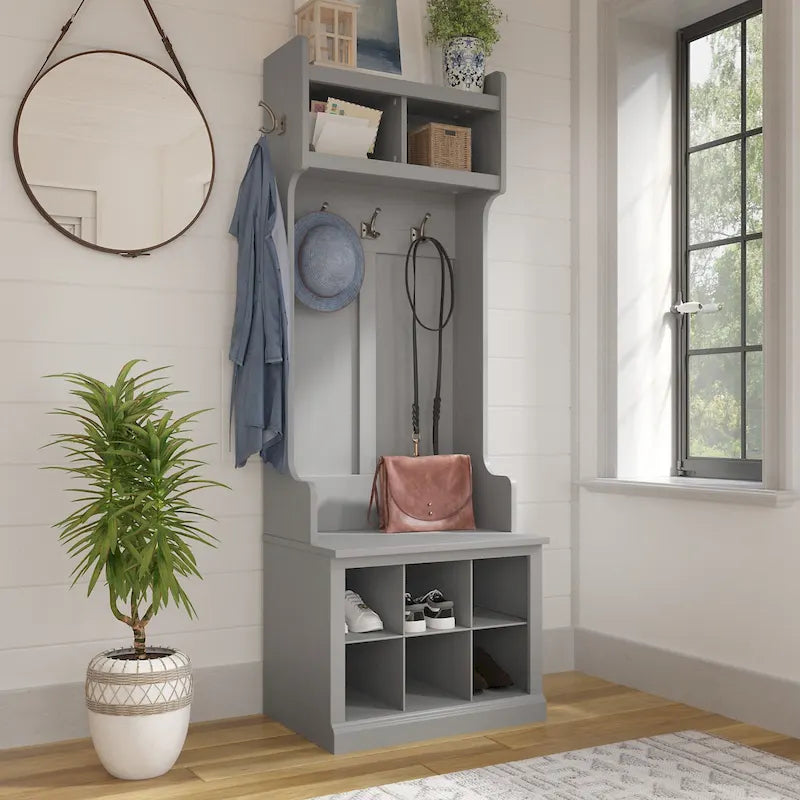 Hall Tree and Small Shoe Bench with Shelves and Coat Hooks
