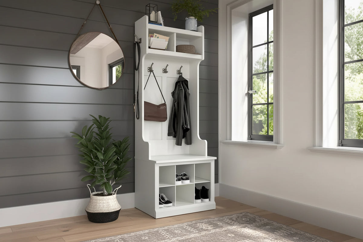 Hall Tree and Small Shoe Bench with Shelves and Coat Hooks