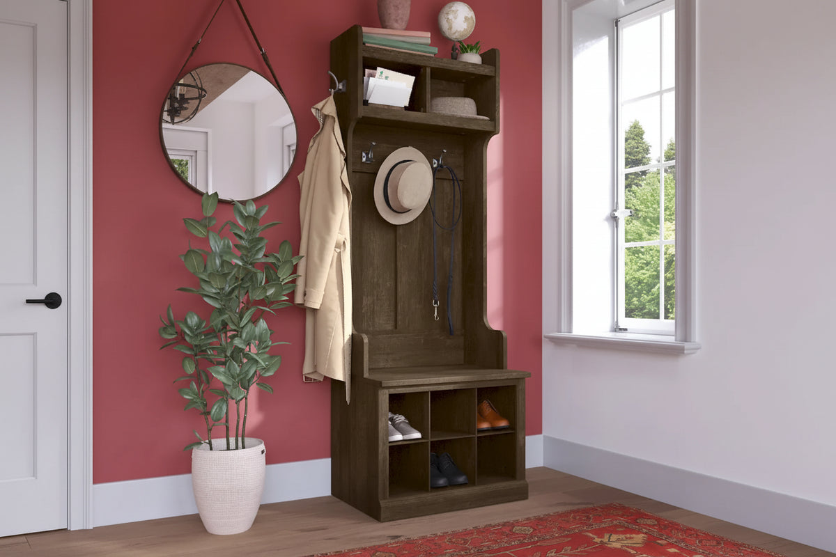 Hall Tree and Small Shoe Bench with Shelves and Coat Hooks
