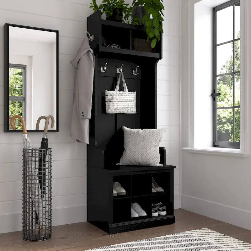 Hall Tree and Small Shoe Bench with Shelves and Coat Hooks