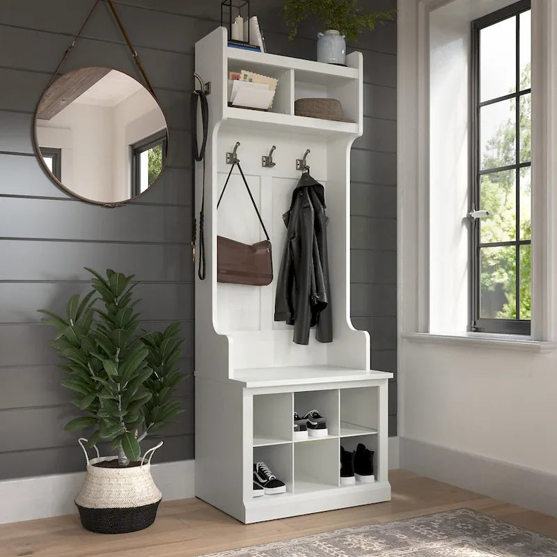 Hall Tree and Small Shoe Bench with Shelves and Coat Hooks