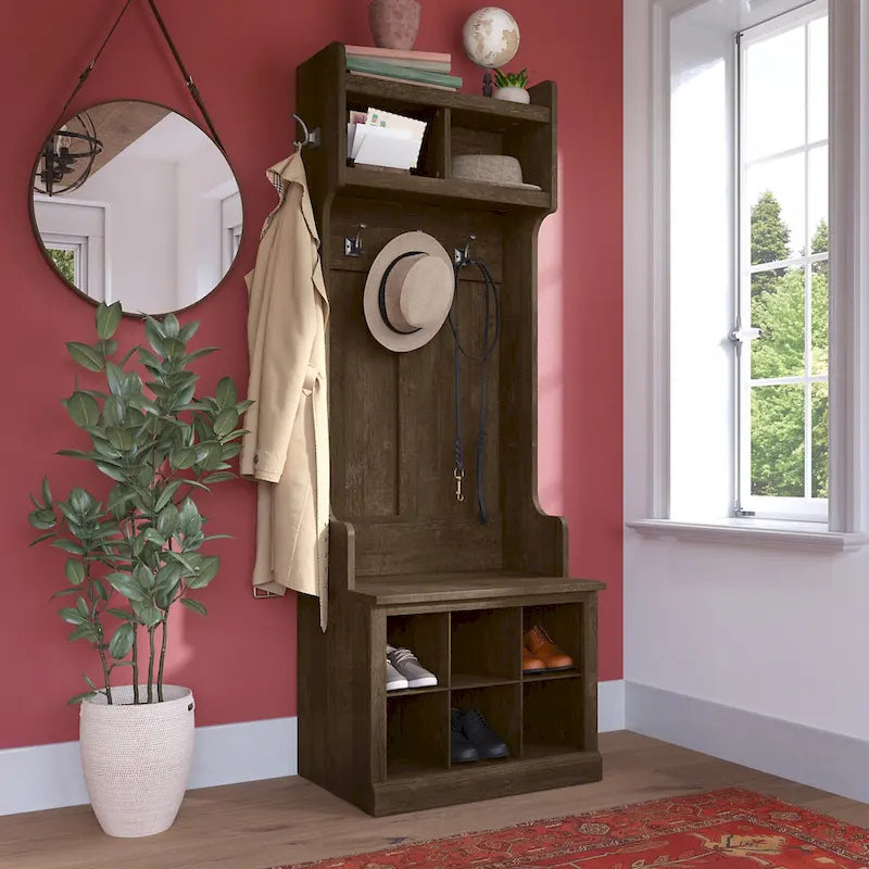 Hall Tree and Small Shoe Bench with Shelves and Coat Hooks