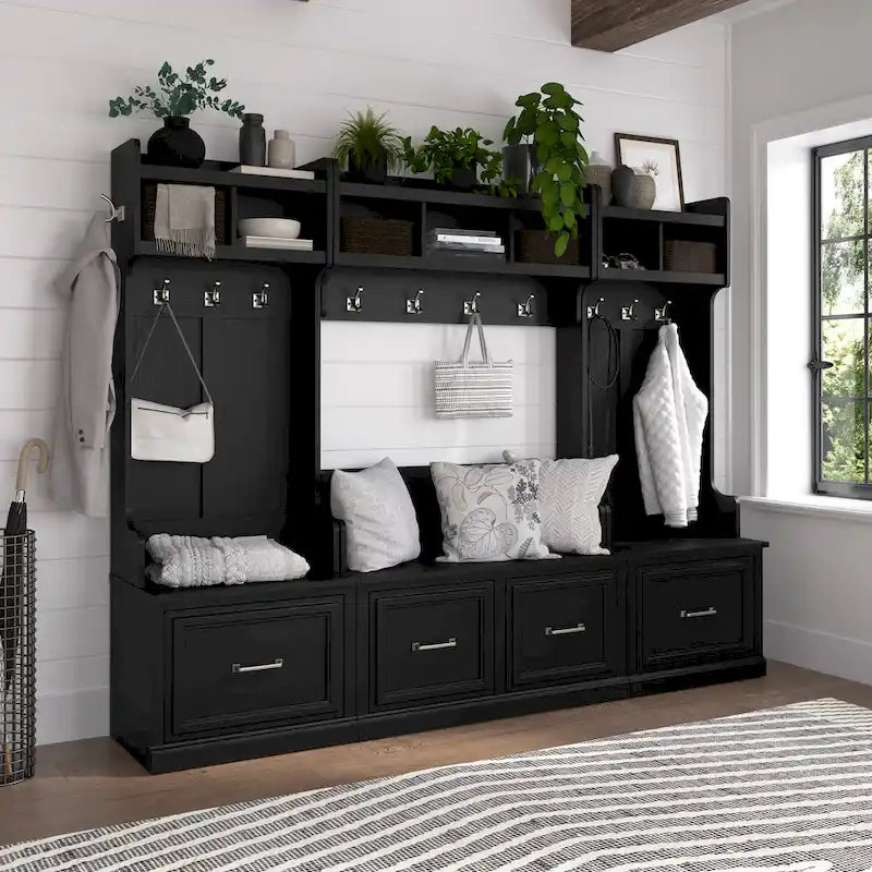 Hall Tree and Small Shoe Bench with Shelves and Coat Hooks