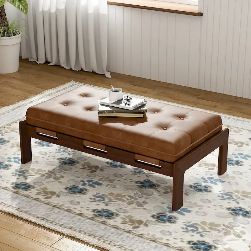 48-Inch Rectangle Button-Tufted PU Leather Ottoman Coffee Table with Rubberwood Frame