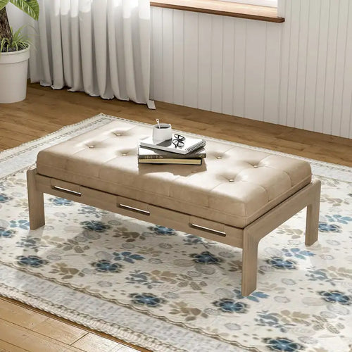 48-Inch Rectangle Button-Tufted PU Leather Ottoman Coffee Table with Rubberwood Frame