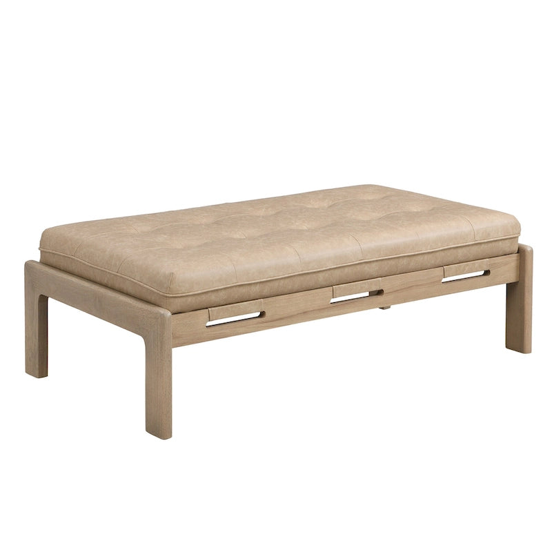 48-Inch Rectangle Button-Tufted PU Leather Ottoman Coffee Table with Rubberwood Frame