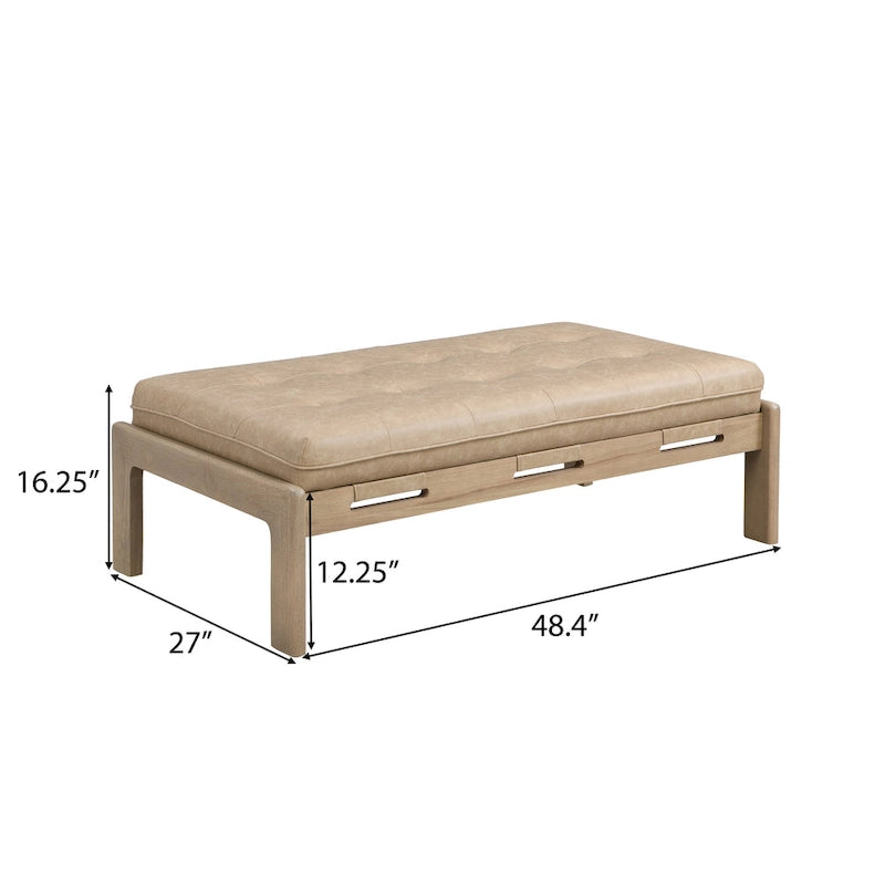 48-Inch Rectangle Button-Tufted PU Leather Ottoman Coffee Table with Rubberwood Frame