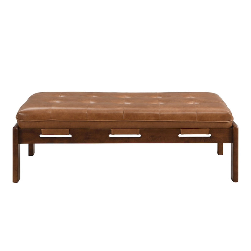 48-Inch Rectangle Button-Tufted PU Leather Ottoman Coffee Table with Rubberwood Frame