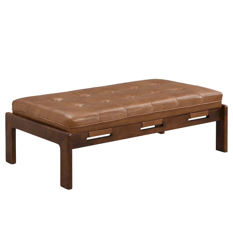48-Inch Rectangle Button-Tufted PU Leather Ottoman Coffee Table with Rubberwood Frame