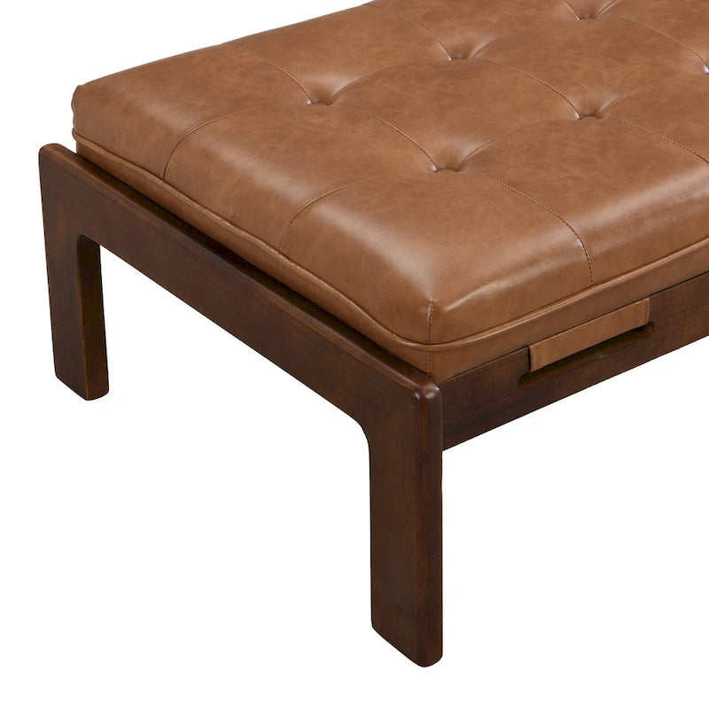 48-Inch Rectangle Button-Tufted PU Leather Ottoman Coffee Table with Rubberwood Frame