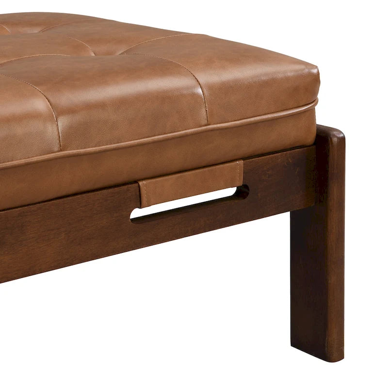 48-Inch Rectangle Button-Tufted PU Leather Ottoman Coffee Table with Rubberwood Frame