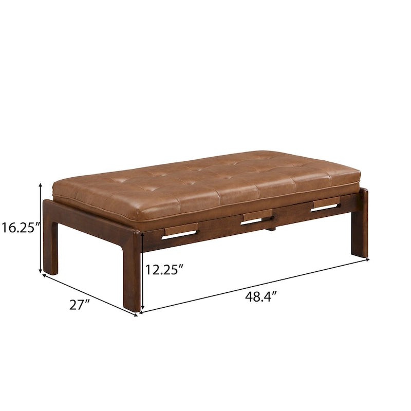 48-Inch Rectangle Button-Tufted PU Leather Ottoman Coffee Table with Rubberwood Frame