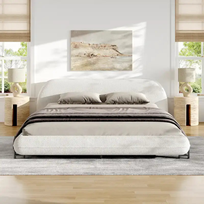 Upholstered Bed Frame with Boucle Fabric and Solid Wood Legs