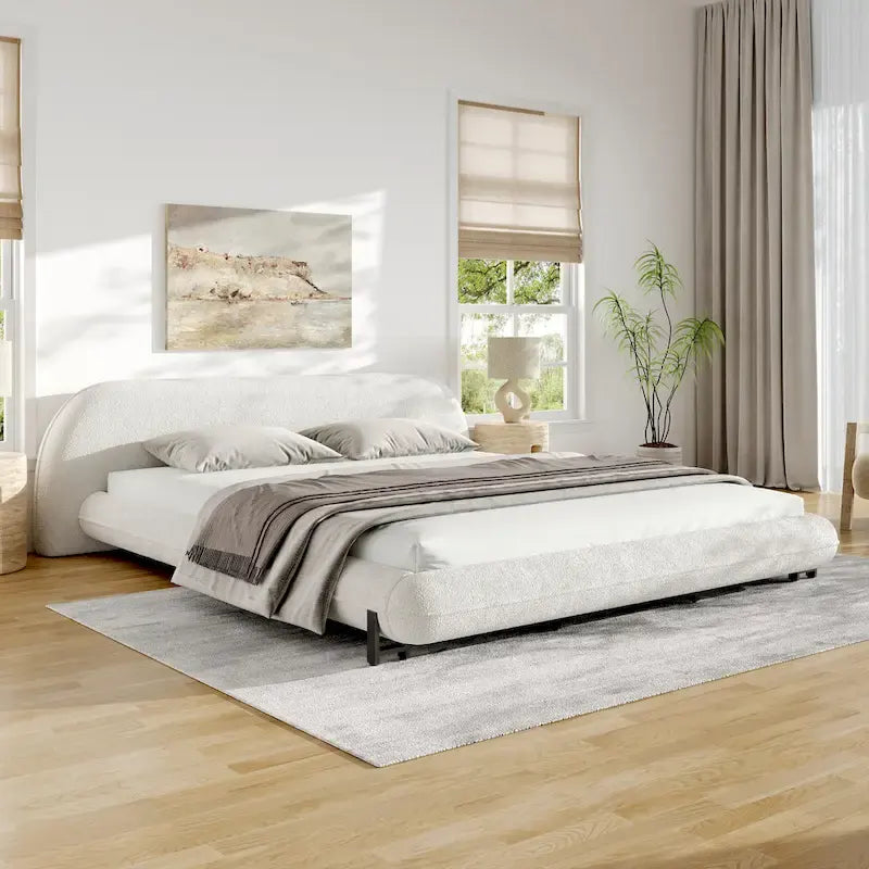 Upholstered Bed Frame with Boucle Fabric and Solid Wood Legs