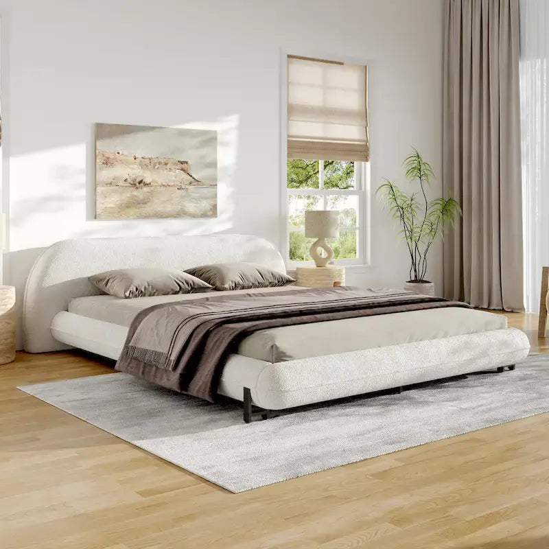 Upholstered Bed Frame with Boucle Fabric and Solid Wood Legs