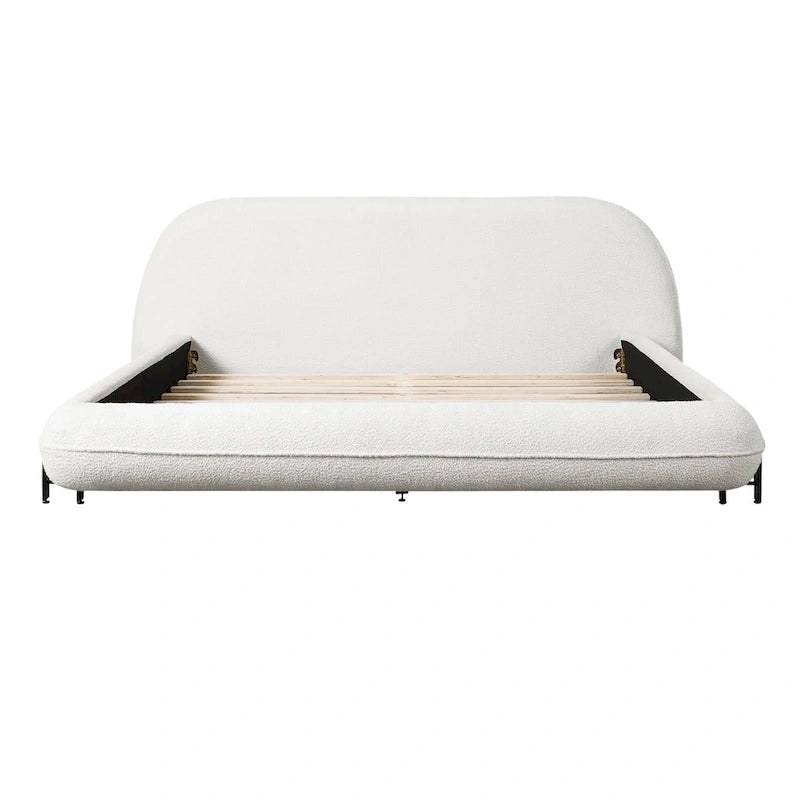 Upholstered Bed Frame with Boucle Fabric and Solid Wood Legs