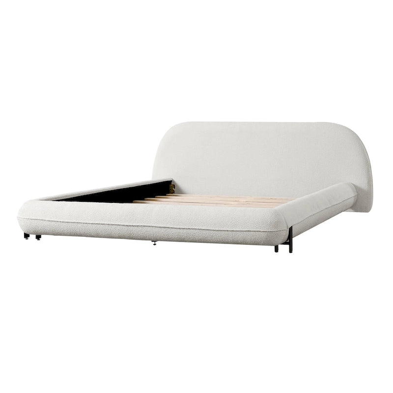 Upholstered Bed Frame with Boucle Fabric and Solid Wood Legs