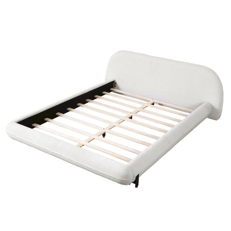 Upholstered Bed Frame with Boucle Fabric and Solid Wood Legs