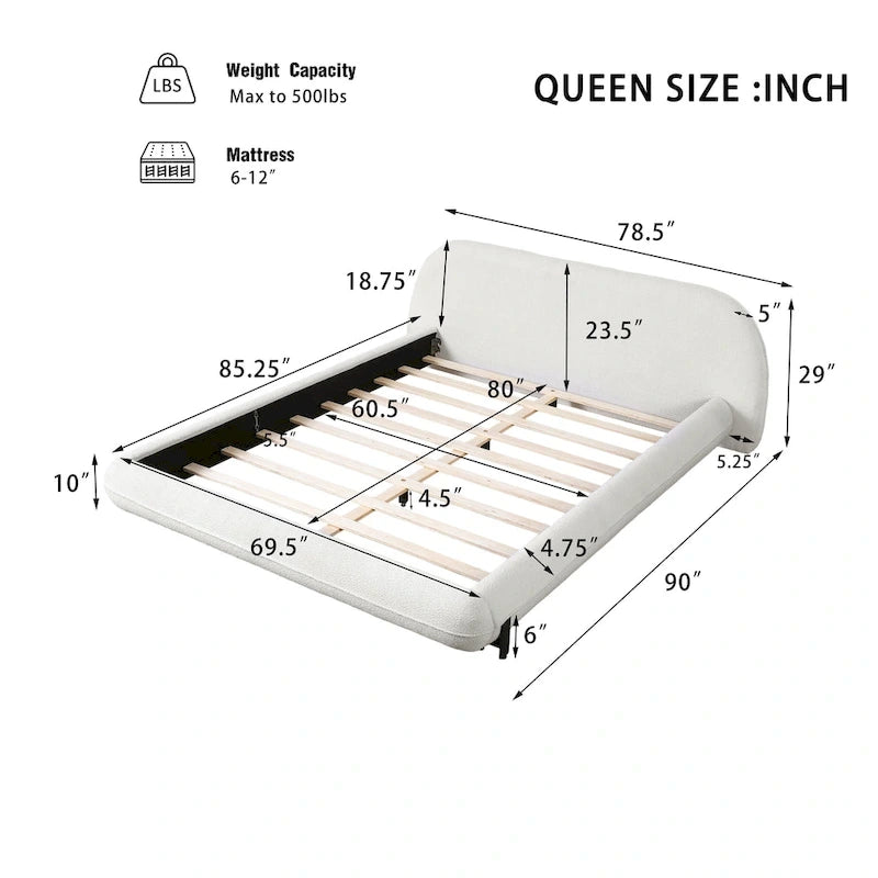 Upholstered Bed Frame with Boucle Fabric and Solid Wood Legs