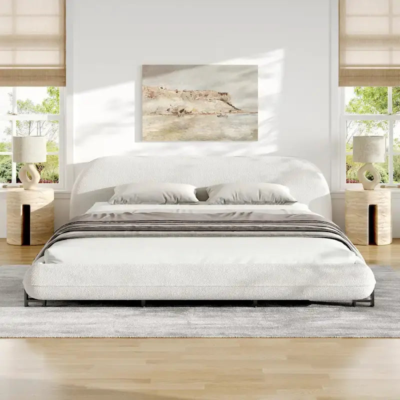 Upholstered Bed Frame with Boucle Fabric and Solid Wood Legs