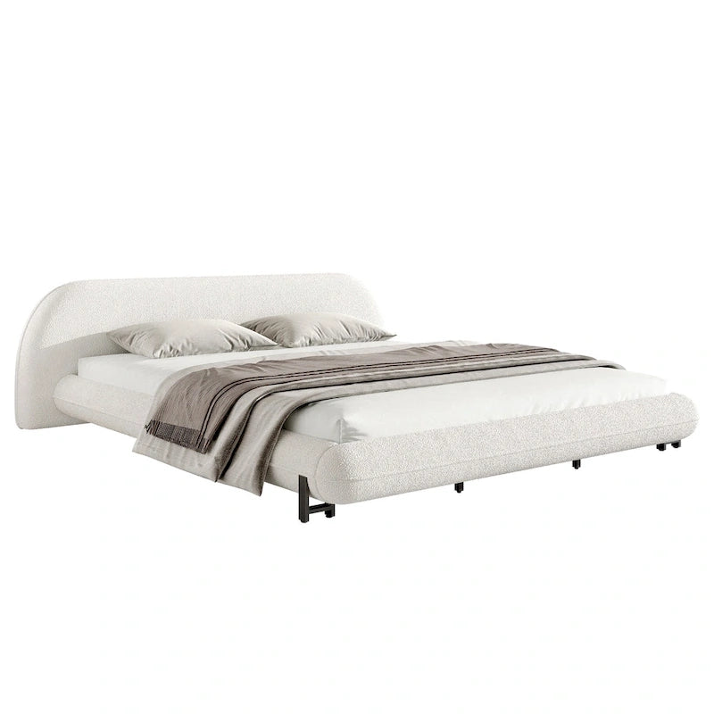 Upholstered Bed Frame with Boucle Fabric and Solid Wood Legs