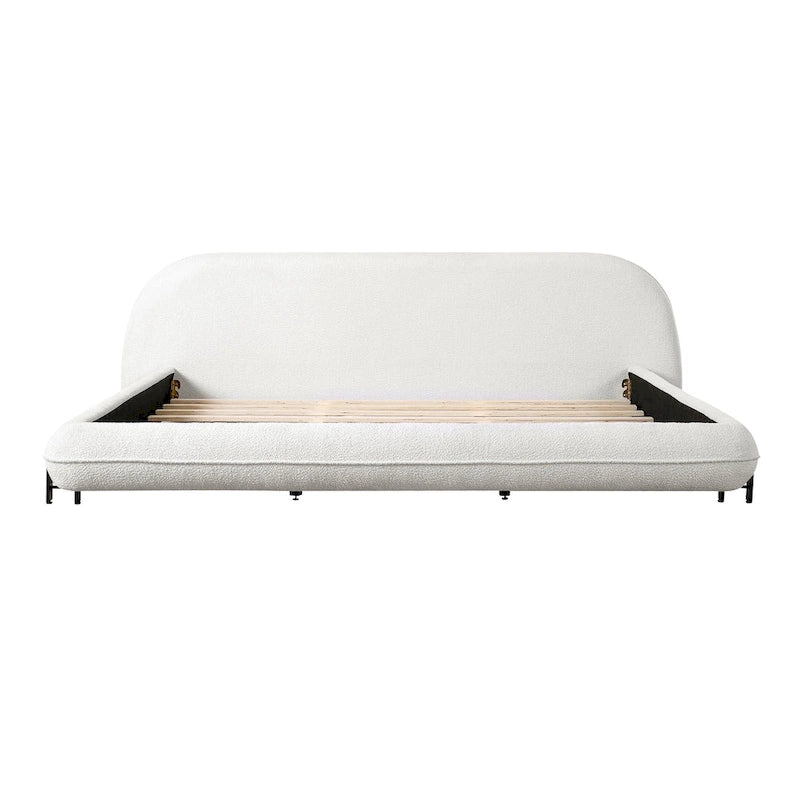 Upholstered Bed Frame with Boucle Fabric and Solid Wood Legs