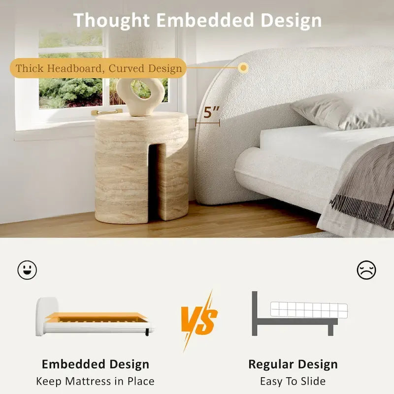Upholstered Bed Frame with Boucle Fabric and Solid Wood Legs