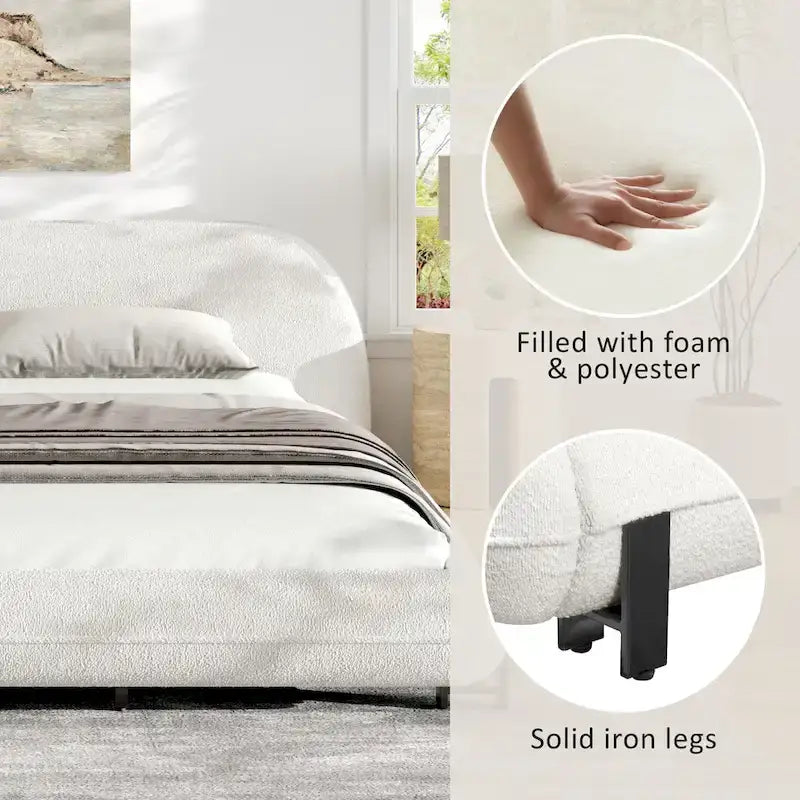 Upholstered Bed Frame with Boucle Fabric and Solid Wood Legs