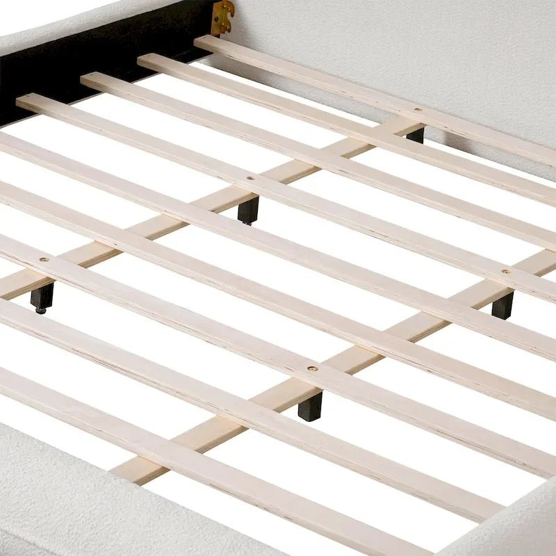 Upholstered Bed Frame with Boucle Fabric and Solid Wood Legs