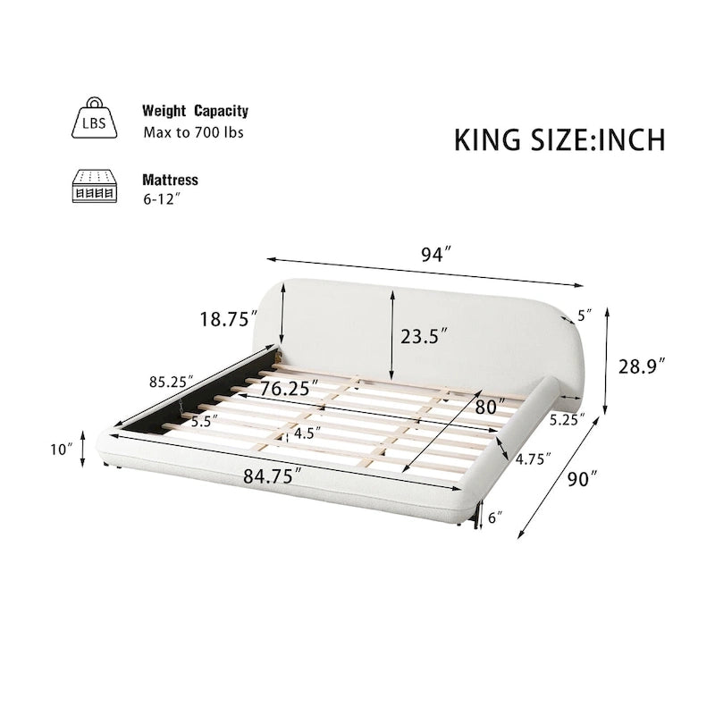 Upholstered Bed Frame with Boucle Fabric and Solid Wood Legs
