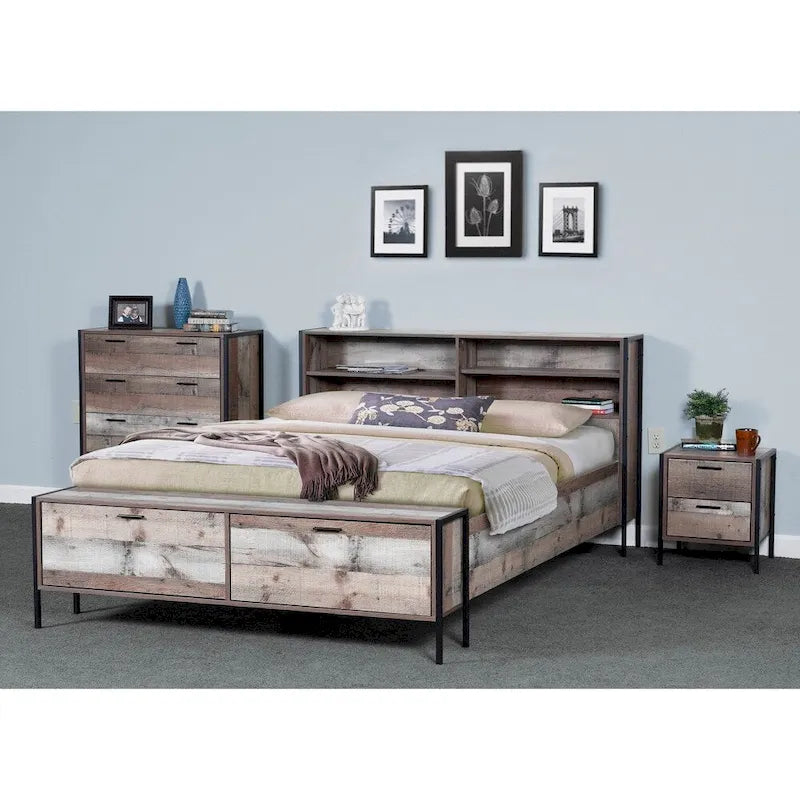 Industrial 4-Drawer Chest with Barnwood Laminate and Black Metal Frame