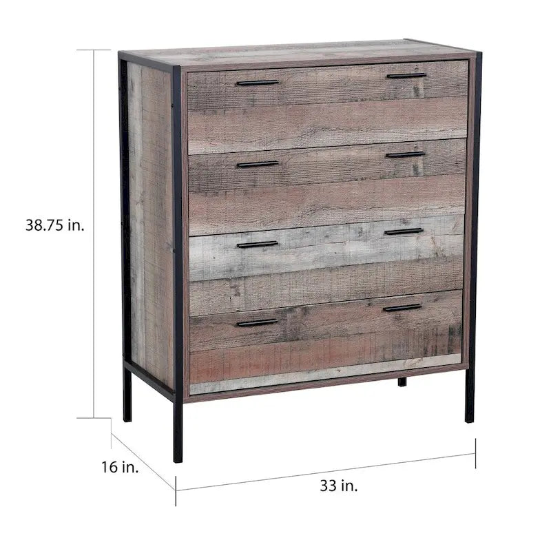 Industrial 4-Drawer Chest with Barnwood Laminate and Black Metal Frame